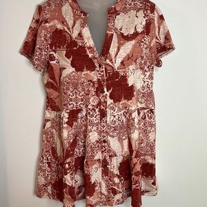 Wonderly Red Cream Stretchy Button Front Knit Blouse L